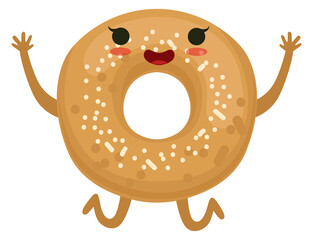 Jumping bagel mascot. Happy face bakery character