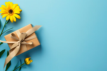gift box packaged with craft paper and blue ribbon with a yellow sunflower for Father's Day on blue background. Top view. Copy space