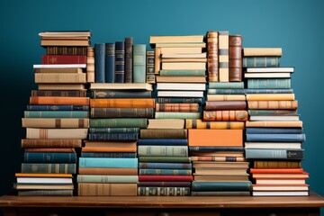 Pile of old books on wooden table over blue background. Education concept