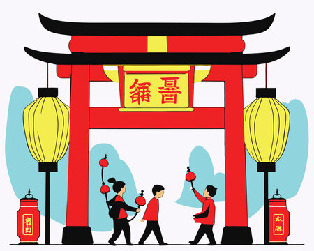 Happy China new year 2024, Red Chinese gate and people around it