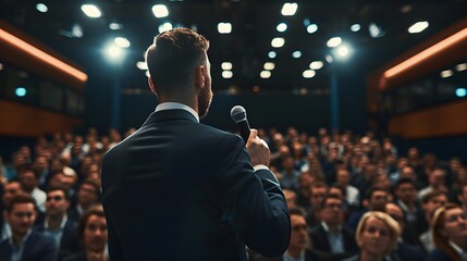 a man in a suit is holding a microphone in front of a crowd of people in a conference room - obrazy, fototapety, plakaty