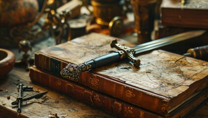 Vintage book, sword and old map on a wooden table.