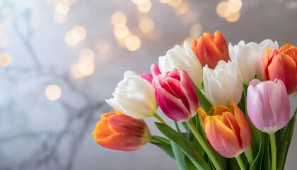 A vibrant bouquet of tulips, with a mix of white, pink, and orange blossoms. Set against a soft-focus background with warm lights, ideal for spring or celebration themes.