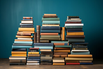 Pile of old books on wooden table over blue background. Education concept
