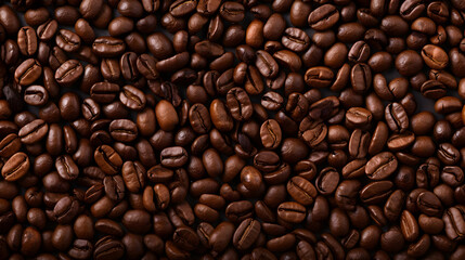 Fototapeta premium Top view of brown coffee beans scattered on the surface.