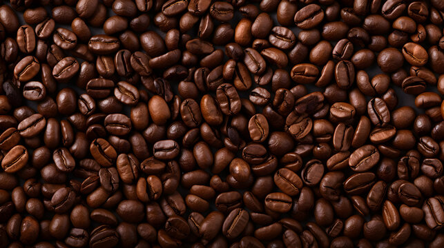 Top view of brown coffee beans scattered on the surface.