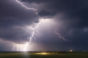 Naklejka na ściany i meble Lightning strike in the night sky, thunderstorm and lightning.