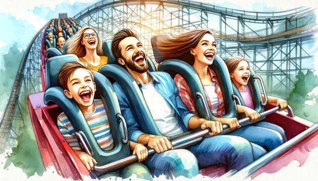 The image shows a joyful family on a roller coaster ride.