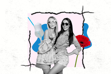 Collage creative poster image black white filter two beautiful charm cheerful young ladies pose...