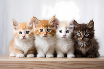 four kittens in a row with a white background