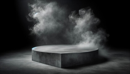 Gray textured concrete platform, podium or table with smoke in the dark 
