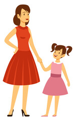 Mother and daughter in pretty dresses. Happy women together