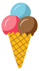 Ice cream balls in waffle cone. Summer sweet icon