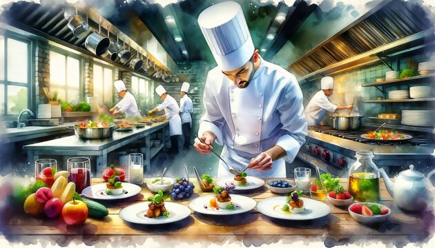 The image shows a focused chef meticulously garnishing dishes in a professional kitchen.