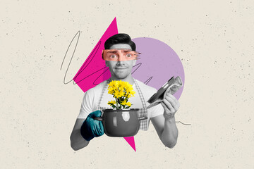 Creative collage image illustration black white filter happy excited joyful young man cook dinner...
