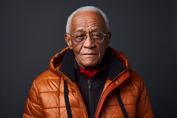 Obraz premium Portrait of a content afro-american elderly 100 years old man donning a durable down jacket against a minimalist or empty room background. AI Generation