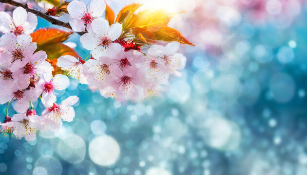 Fond de fleurs de cerisier comme à Tokyo au Japon, sur un fond flou et bokeh bleu avec espace de copie pour titre ou texte