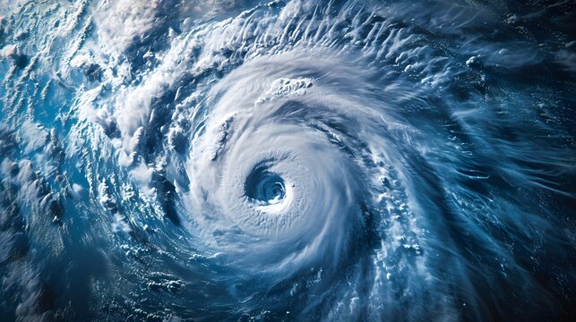 a satellite image of a hurricane in the ocean with a blue sky background and a white swirl in the center