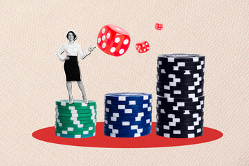 Fototapeta na wymiar Creative collage poster illustration black white effect miniature joyful happy young lady watch game poker gambling stack white background