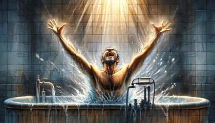 The image illustrates a person rejoicing in the shower, with sunlight streaming through a window.