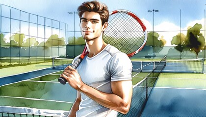 The image is a lively watercolor of a man with a tennis racket at a court.