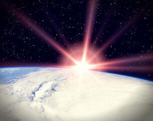 Gorgeous space panorama with the sunrise over the Earth. The elements of this image furnished by NASA.