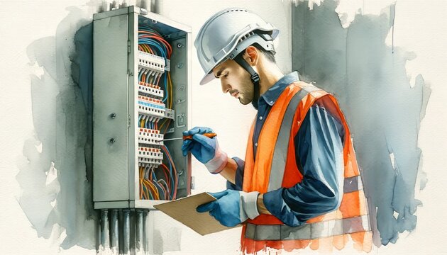 The image captures a focused electrician working on an electrical panel.