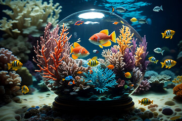 Tropical Sphere Fish in the Sea. Colorful coral reef with tropical fish in the ocean. Underwater world. AI-generated illustration.
