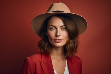 Portrait of a content woman in her 40s donning a classic fedora against a solid color backdrop. AI Generation