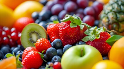 Fresh fruits and berries background, closeup. Healthy food concept.