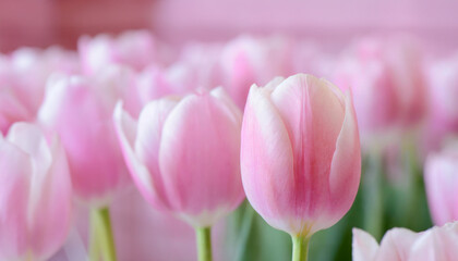 A delicate pink tulip stands out against a soft-focus pink tulips backdrop of blooming flowers. Ideal for spring themes, romantic and floral designs.