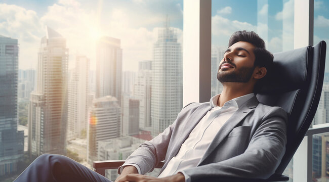 Life-work Balance And City Living Lifestyle Concept Of Business Man Relaxing, Take It Easy In Office Or Hotel Room Resting With Thoughtful Mind Thinking Of Life Quality Looking Forward To Cityscape