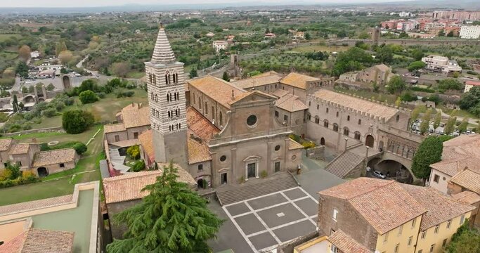 Aerial view architecture cityscape Viterbo Italy. Central antique square with a cathedral in a tourist town. High quality 4k footage