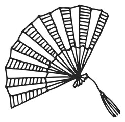 Paper fan icon. Lady accessory black doodle
