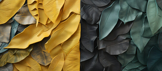 a close up of an arrangement of black, green and yellow leaves, in the style of layered textural surfaces, muted color palettes, felt creations, naturalistic landscape backgrounds, use of paper