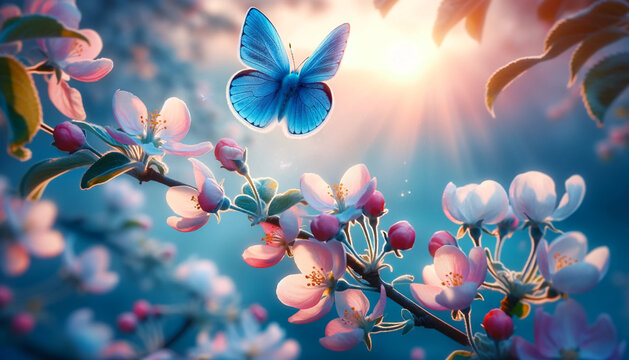 Beautiful blue butterfly in flight over branch of flowering apple tree in spring at Sunrise on light blue and pink background macro. Amazing elegant artistic image nature in spring