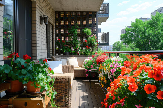 Modern large balcony is decorated with flowers. Reading and relaxing area at home