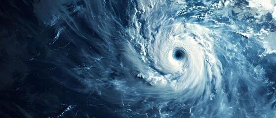 a satellite image of a hurricane in the ocean with a blue sky background and a white swirl in the center - obrazy, fototapety, plakaty