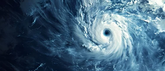 Poster a satellite image of a hurricane in the ocean with a blue sky background and a white swirl in the center © @ArtUmbre