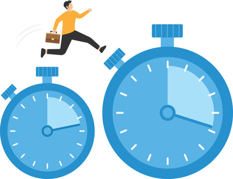 Sense of urgency, Quick response attitude to get work done as soon as possible now, Reaction to priority task or important, Running and jumping high, Countdown timer clock

