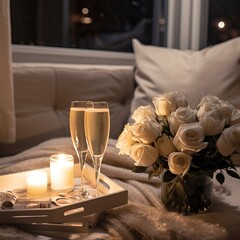 Fototapeta na wymiar ozy Winter Night with Champagne and White Roses