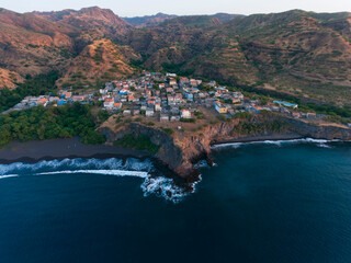 Fototapeta na wymiar Ribeira Prata, Santiago, Tarrafal, Cape Verde Islands, view of the sea, mountains and small village.