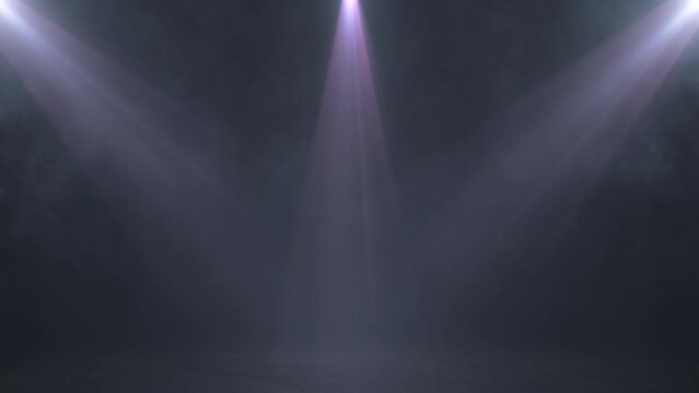 Lights are turned on from darkness. Stage lights shining and flickering at studio. Colorful spotlight illuminates the stage. Empty stage with lights. Nightlife, music and entertainment concept. 
