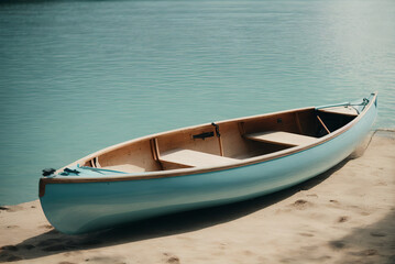 Naklejka premium A Blue Boat Adventure Awaits on the Crystal Waters of our Serene Lake