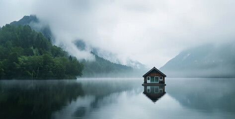 Mountain lake with a wooden house in the middle of the fog, lake bled country - Powered by Adobe
