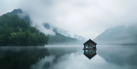 Deurstickers Mountain lake with a wooden house in the middle of the fog, lake bled country © Kashif Ali 72