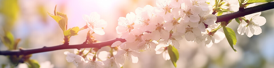 Spring elegance branch with flower sunlit, sunlight white blossoms