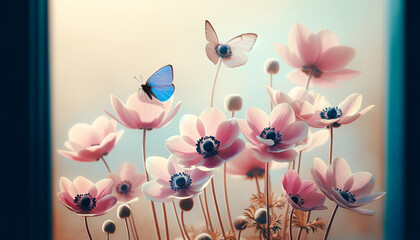 Gently pink flowers of anemones outdoors in summer spring and fluttering butterfly on light beige and blue background with soft selective focus. Delicate dreamy image of beauty of nature