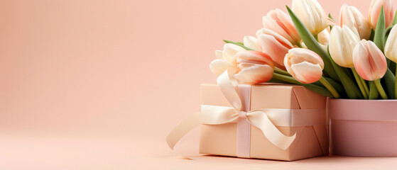 Tulips and  pink gift box tied with ribbon on delicate pink background, with plenty of space for text. Valentine's Day, Mother's Day, birthday, Women's Day - themed greeting card. Copy space.