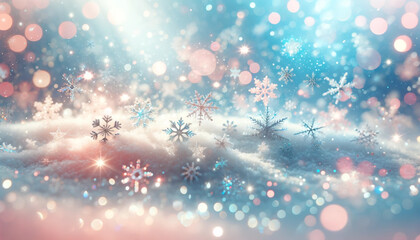 Fototapeta na wymiar Winter gentle sparkle snowy blurry background in light blue pink tones. Christmas backdrop defocused with beautiful light, abstract shiny snowflakes flake of snow in blur, copy space.